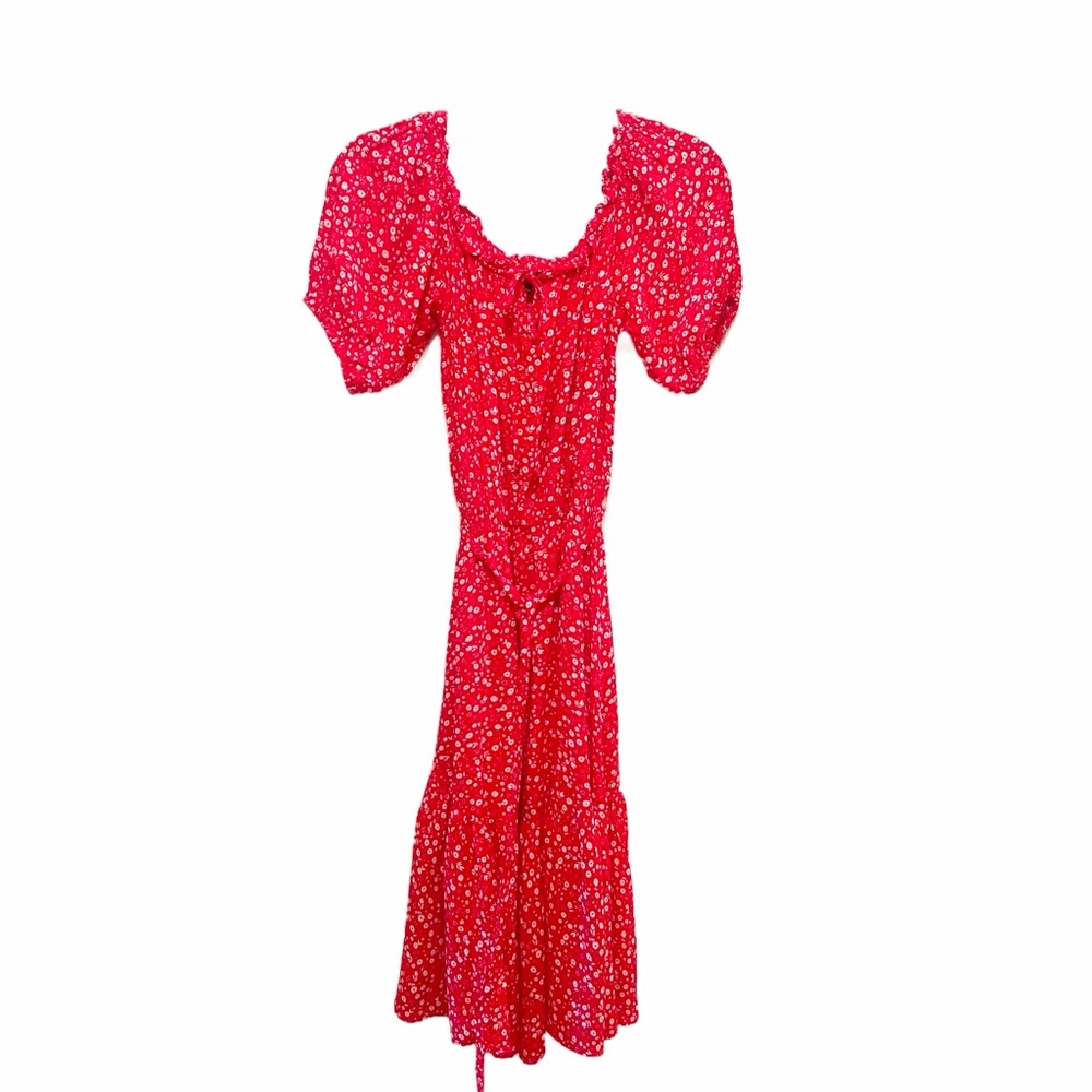 Chic Red Floral Off The Shoulder Midi Dress